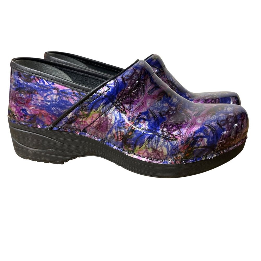Dansko Purple Multi Abstract Pattern Clogs - Picture 2 of 11